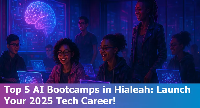 A group of diverse students collaborating at laptops in a tech classroom in Hialeah, Florida.