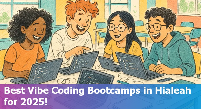 Diverse group of students collaborating happily at a coding bootcamp in Hialeah, Florida, with laptops and vibrant classroom energy.
