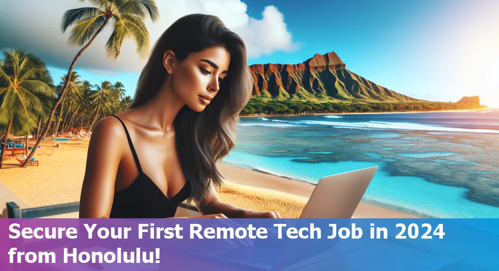 A professional working remotely from a beach in Honolulu, Hawaii, with a laptop and a serene ocean backdrop.