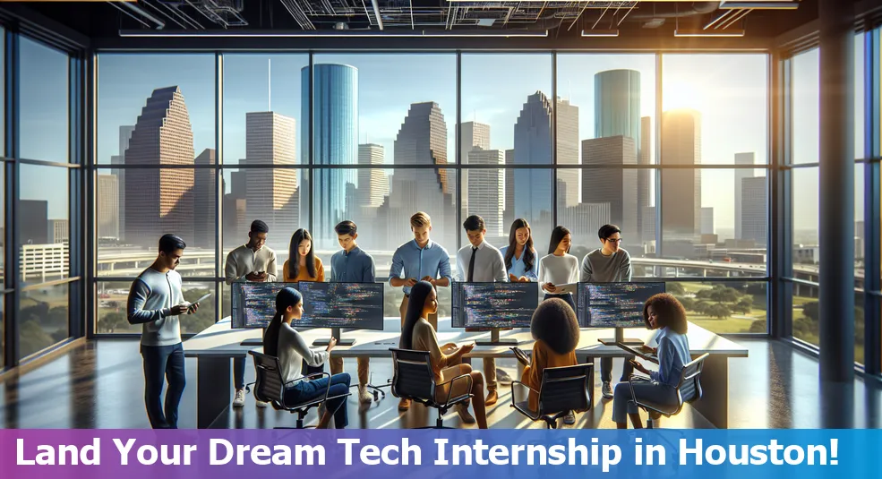 Skyline of Houston, Texas with overlay text 'Top 10 Tech Internships in Houston'. Houston is emerging as a tech hub.