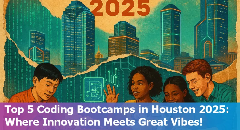 Houston skyline with young diverse coding bootcamp students collaborating on laptops in a modern classroom, 2025.