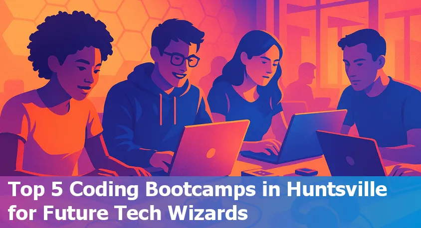 Students collaborating on laptops in a bright classroom, representing diverse coding bootcamp learners in Huntsville, Alabama.