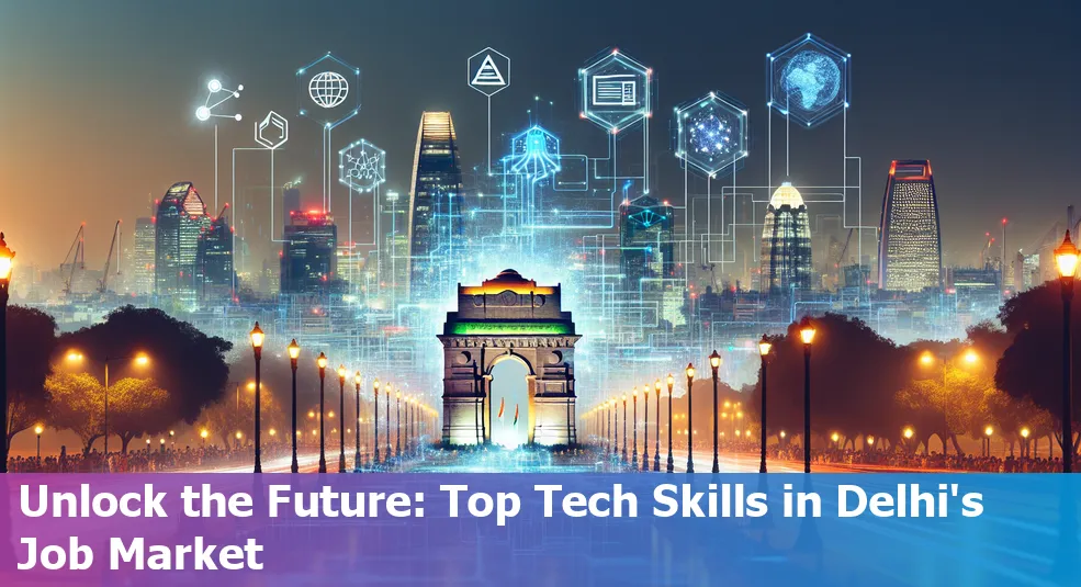 A bustling tech scene in Delhi, India with professionals learning in-demand skills.