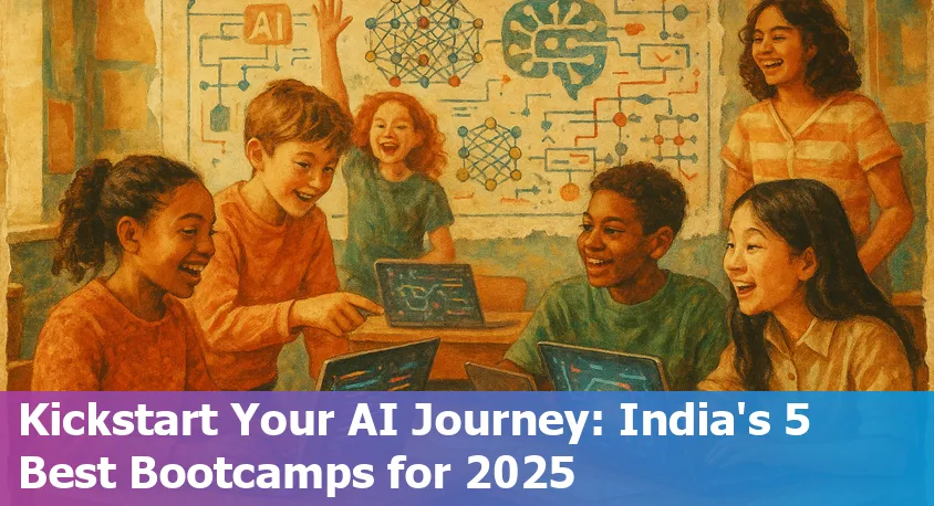 Indian students collaborating on laptops during an AI bootcamp, engaging with creative, hands-on learning activities.