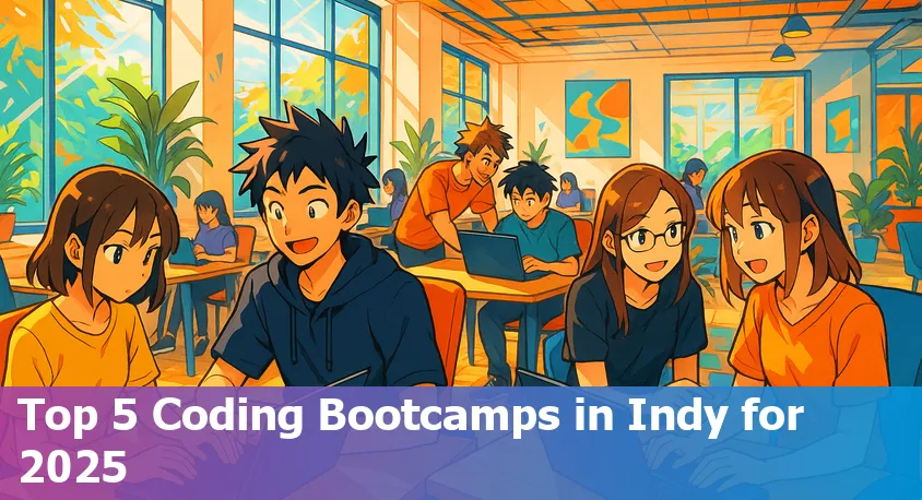 Coding bootcamp students collaborating in a modern Indianapolis classroom in 2025.