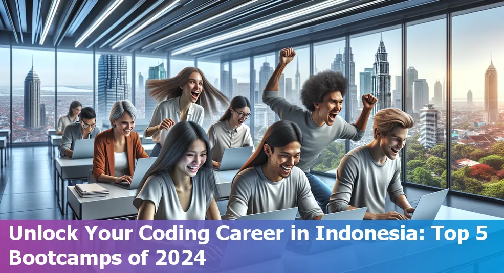 A diverse group of students learning to code in a modern classroom setting in Indonesia.