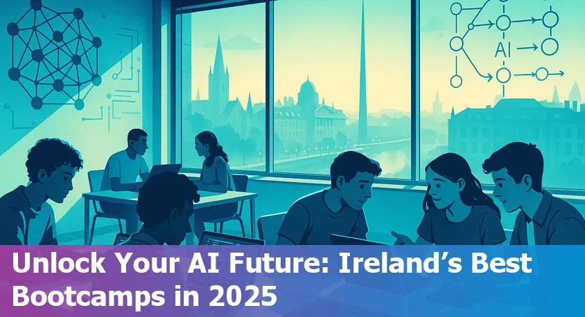 Five diverse students learning AI together in a modern Irish classroom, laptops open, team-focused, representing top 2025 Irish AI bootcamps.