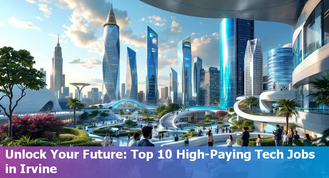 Skyline of Irvine, California with tech icons representing high-paying jobs in 2025.