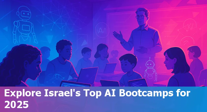 Students attending an AI bootcamp in Tel Aviv, Israel, collaborating on laptops in a modern classroom.