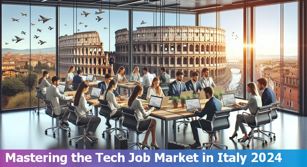 Tech job market in Italy in 2024 guide - laptop and Italy map illustration