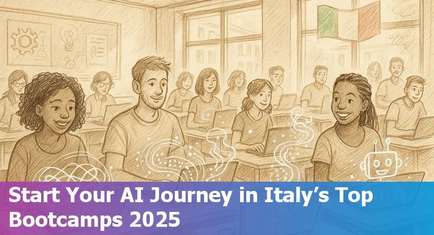 AI students in an Italian classroom, learning together in 2025 with laptops and advanced technology.