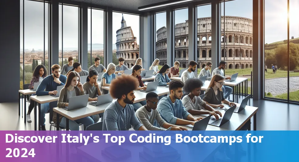 Students coding together at a bootcamp in Italy.