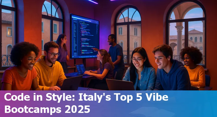 A diverse group of students collaborating and coding together in a vibrant, modern classroom in Italy, 2025.
