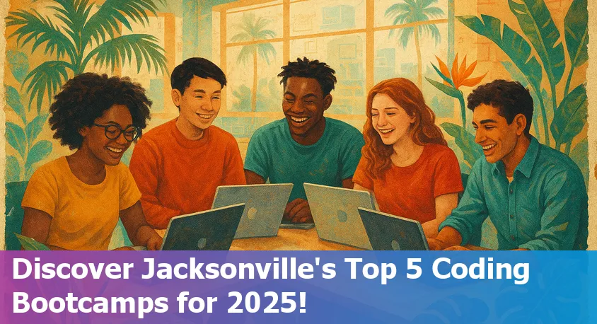 Five diverse coding bootcamp students collaborating online in a vibrant, friendly setting representing Jacksonville in 2025.