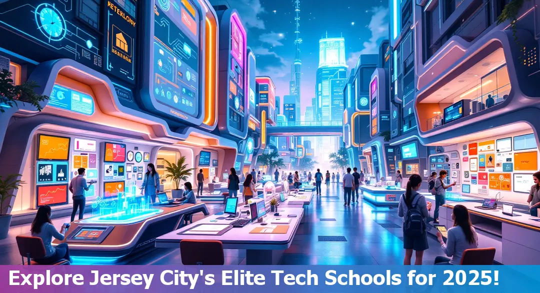 Skyline of Jersey City with various college campuses highlighted for tech education.