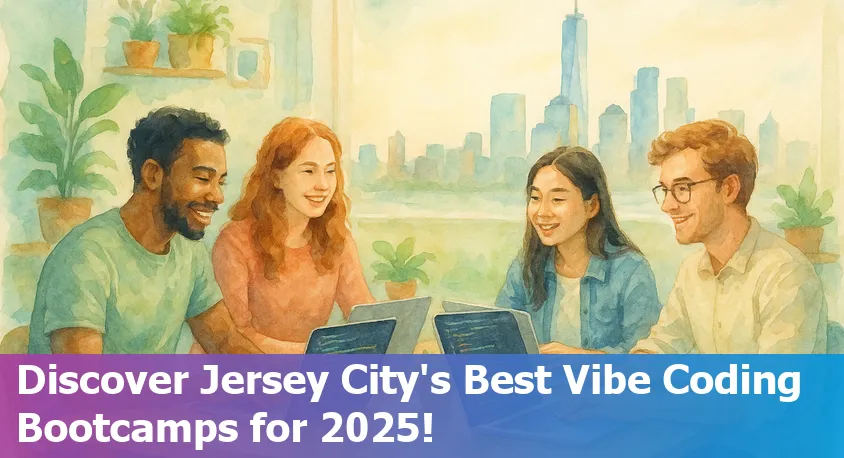Jersey City skyline with coding students collaborating in a vibrant bootcamp classroom.