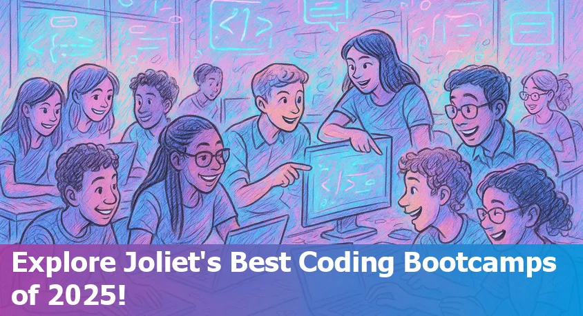 Students learning to code together at a vibrant, modern bootcamp classroom in Joliet, Illinois, 2025.
