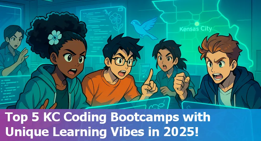 Students happily collaborating in a Kansas City coding bootcamp classroom, laptops open and teamwork on display.