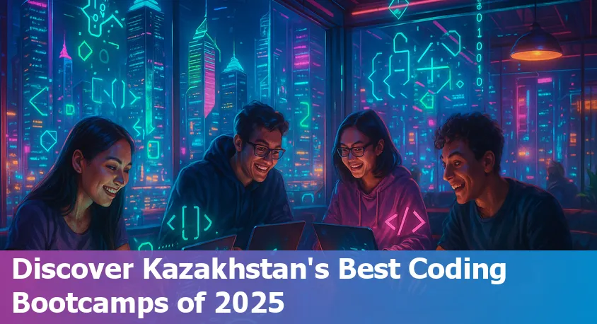 Beginner coding students collaborating in a bright classroom in Kazakhstan, laptops open, engaged in teamwork.
