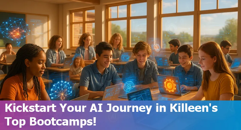 AI bootcamp students collaborating in a modern classroom in Killeen, Texas, 2025.