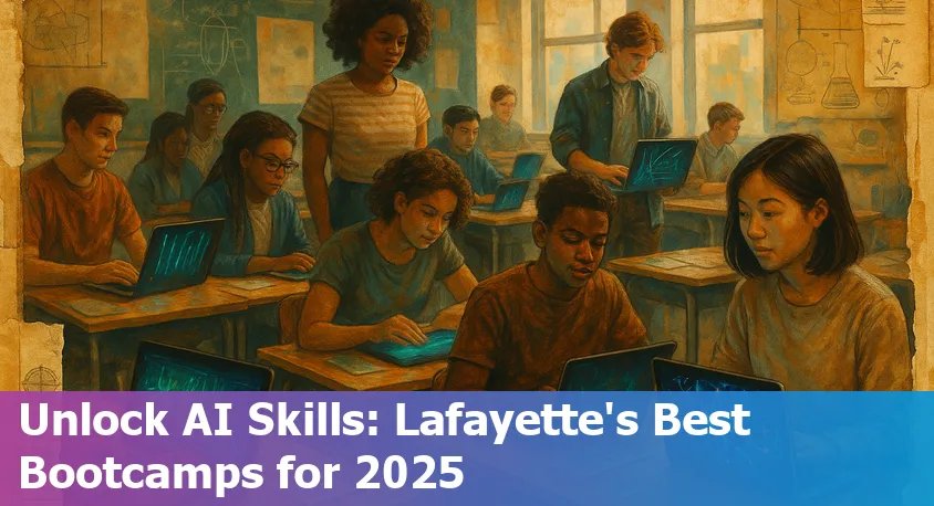 AI bootcamp students collaborating at computers in Lafayette classroom, 2025