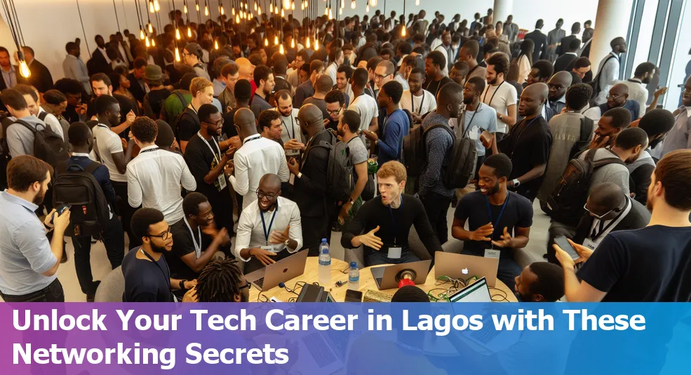 A skyline of Lagos, Nigeria with tech-related icons signifying the thriving tech industry