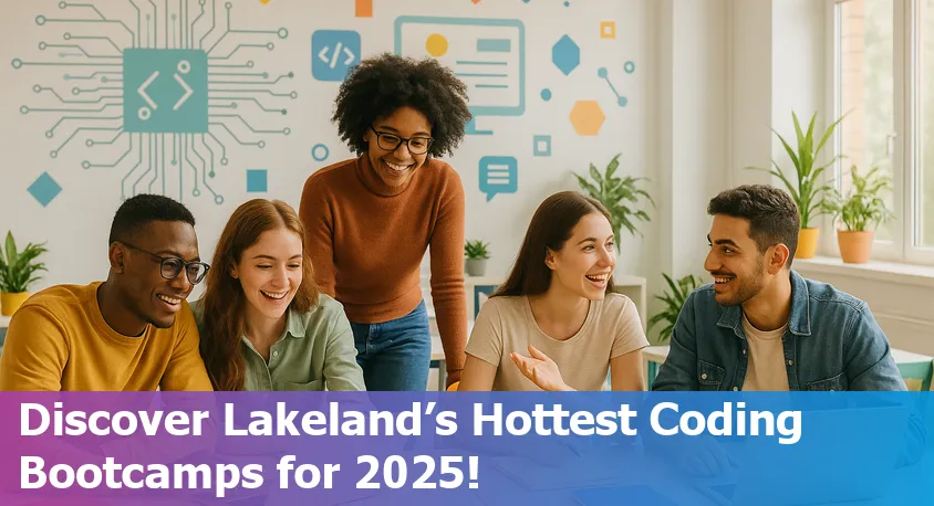 Group of diverse students collaborating at a coding bootcamp in Lakeland, Florida, surrounded by laptops and digital screens.