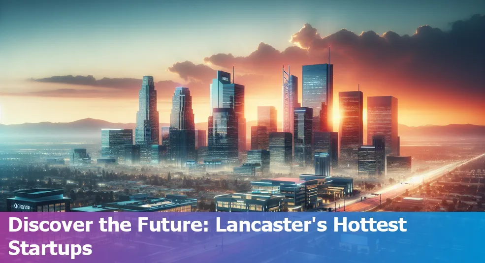 Skyline of Lancaster, California with logos of top tech startups in 2024.