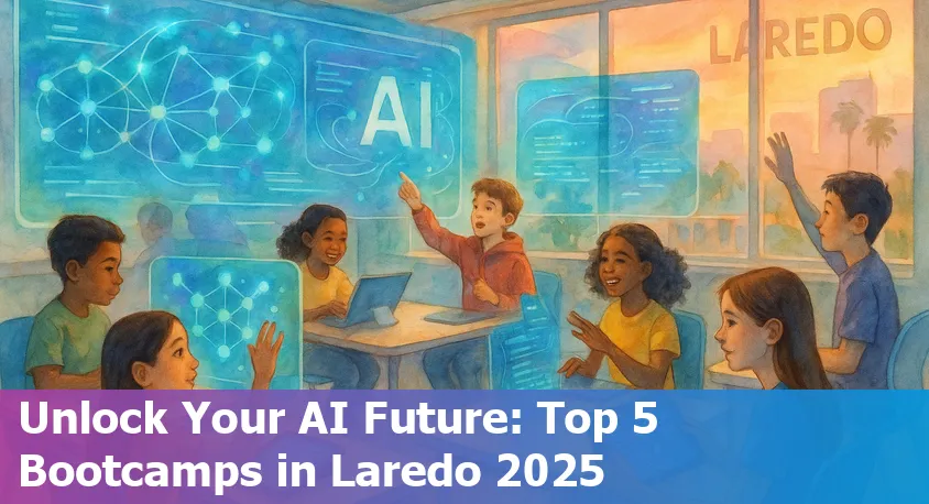 Laptop showing AI programming code, with a Texas Laredo city skyline in the background.
