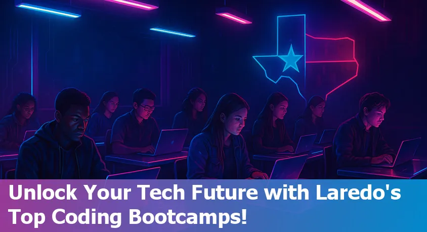 Laredo Texas skyline with coding bootcamp students working on laptops