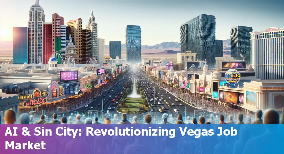 A panoramic view of the Las Vegas skyline with superimposed AI-inspired graphic symbols