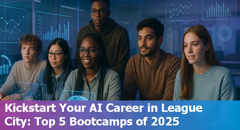A group of diverse students learning AI and coding together in a modern classroom setting in League City, Texas.