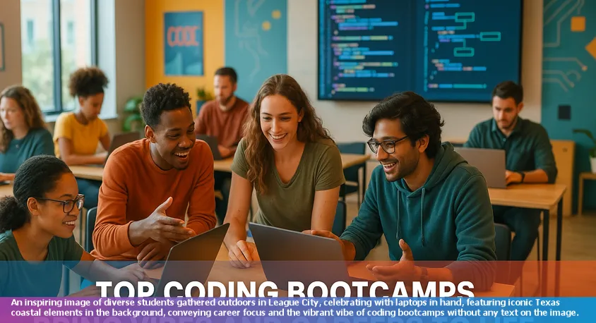 Students in a collaborative coding bootcamp classroom in League City, Texas, engaging in group learning.