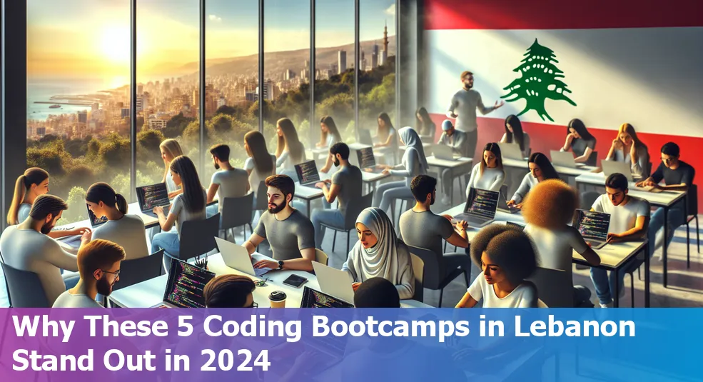 Top 5 Best Coding Bootcamps in Lebanon 2024, showcasing various coding bootcamp logos and happy students coding together.