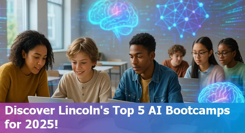 Students in Lincoln, Nebraska attending an online AI bootcamp, collaborating on laptops in a modern workspace.