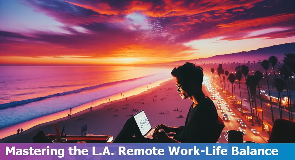 Cityscape of Los Angeles with a symbolic balance representing work-life balance for remote workers