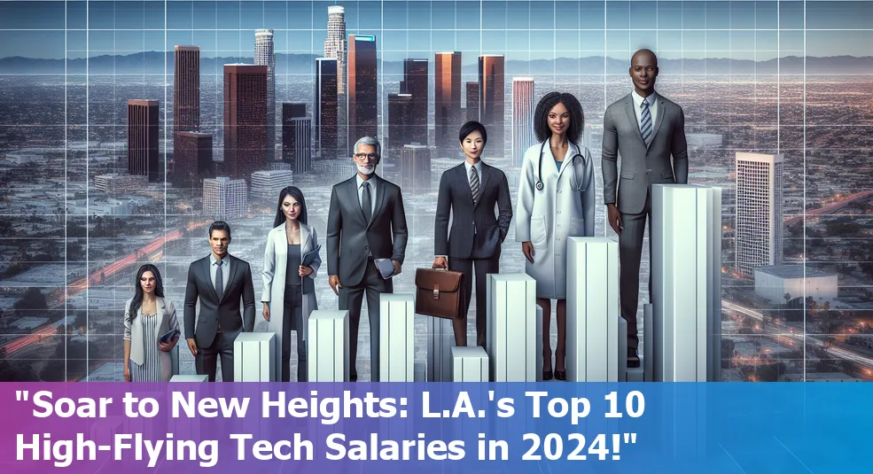 The Los Angeles skyline providng backdrop to an overlay indicating top 10 high-paying tech jobs