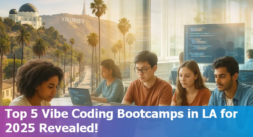 Los Angeles skyline with diverse coding bootcamp students collaborating on laptops in a modern classroom