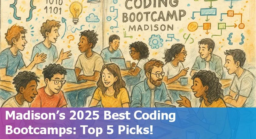 Smiling students in Madison, Wisconsin, working on laptops at a lively coding bootcamp in 2025.
