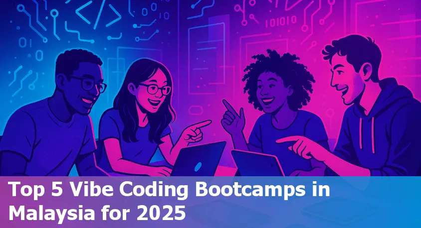 Students in Malaysia collaborating and coding with AI-powered tools at a modern classroom or online bootcamp