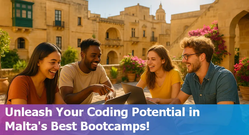 Smiling students collaborating at laptops in a bright classroom, representing Malta's top coding bootcamps in 2025.