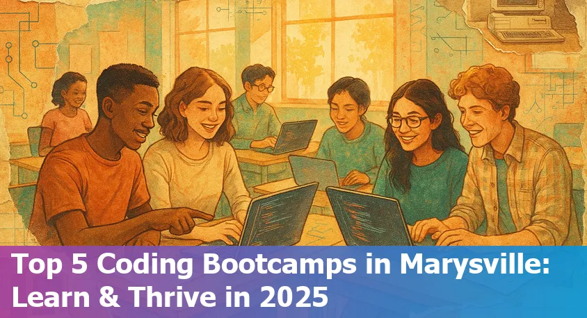 Marysville, WA coding bootcamp students collaborating on laptops in a modern classroom, 2025.
