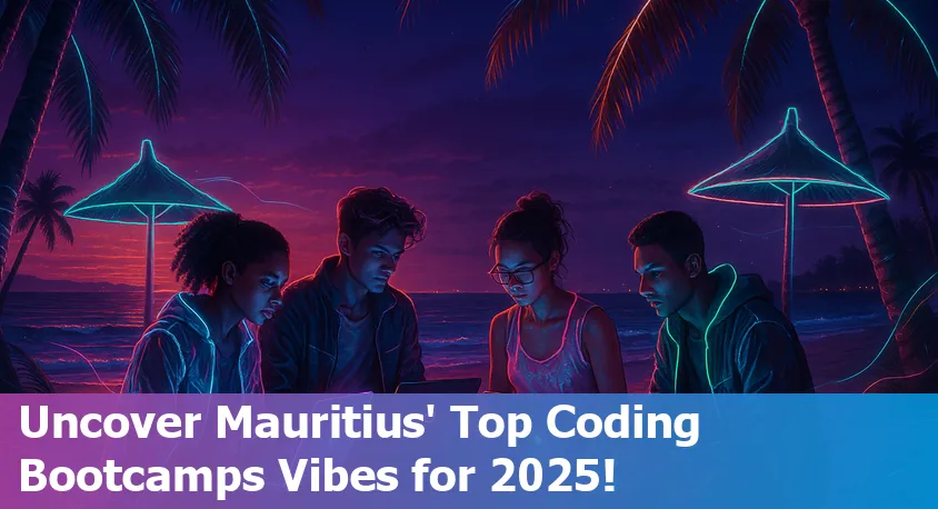 Group of diverse beginners coding and learning together at a bootcamp in Mauritius, lively and collaborative atmosphere.