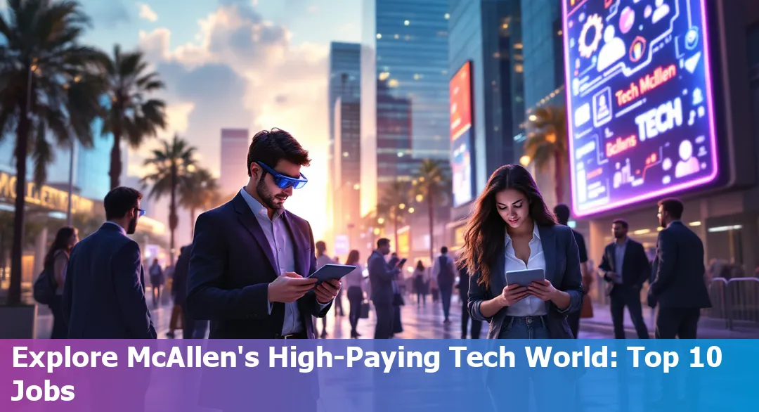 Image depicting various high-paying tech jobs in McAllen, Texas, featuring tech gadgets and city skyline.