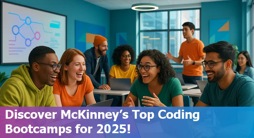 Happy students coding together at a modern bootcamp in McKinney, Texas, with colorful laptops and collaborative vibe
