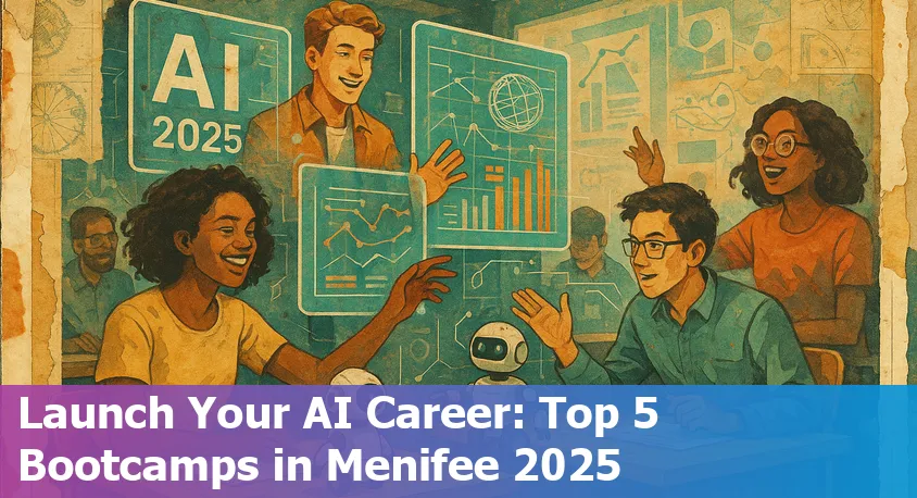AI bootcamp students in Menifee, California collaborating on machine learning projects in a bright classroom.