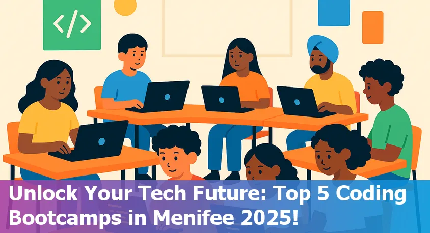 Group of diverse coding bootcamp students collaborating in a modern Menifee, California classroom, 2025.