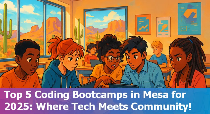 Mesa Arizona downtown tech district with young diverse students studying coding together in a modern, lively workspace.