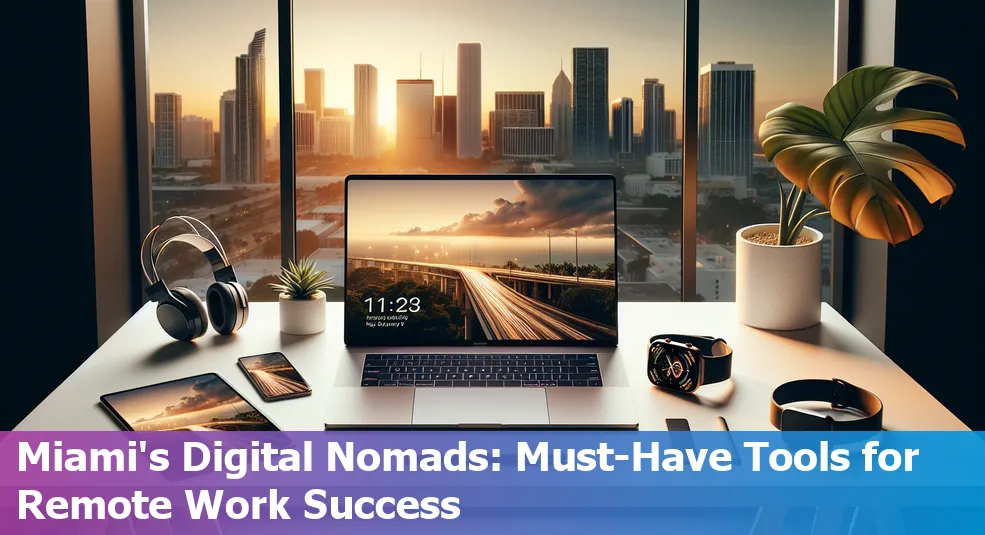 Image displaying Miami's skyline, a laptop with various remote work tools.