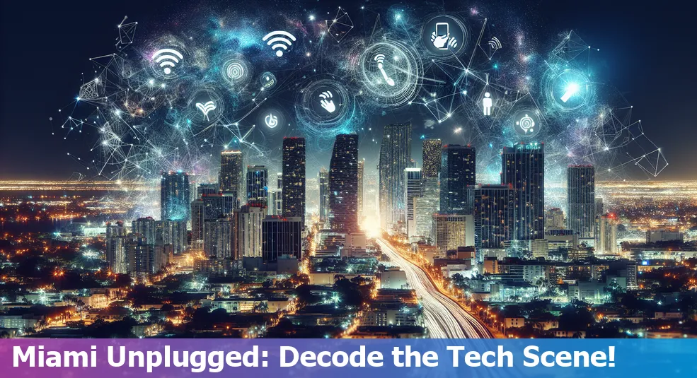 A vibrant collage of the Miami tech scene, showcasing networking events, tech companies and universities.